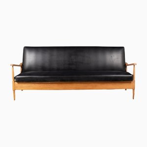 Mid-Century Teak & Beach Day or Sofa Bed in Black Leather