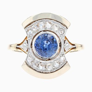 Art Deco French Sapphire Diamonds 18 Karat Yellow Gold Ring, 1925