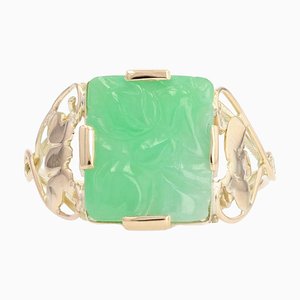 Art Deco Engraved Jade Yellow Gold Ring, 1930s