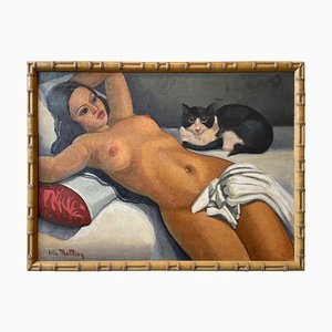 GJ Matthey, Akt mit Katze, Frankreich, 1930er, Öl auf Leinwand, gerahmt