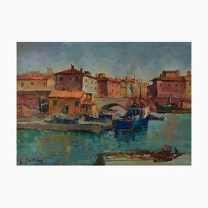 Antonio Sbrana, Canal in Livorno, Oil on Panel