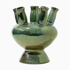 Dutch Ceramic Green Iridescent Glazed Tulip Vase from Mobach