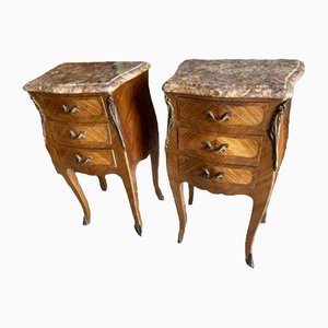 Antique French Kingwood Marquetry Nightstands in Marble, 1900, Set of 2