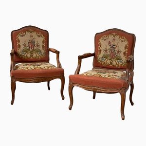 Antique Wood and Fabric Chairs, Set of 2