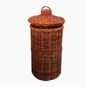 Large Italian Hand-Woven Willow Basket with Lid, 1950s