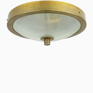 Mid-Century Modern Italian Brass and Optical Convex Glass Flushmount or Wall Lamp