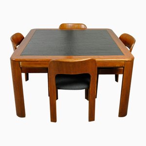 Tavolo da pranzo vintage con sedie in compensato e tavolo in legno con intarsi in ardesia, anni '70