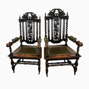 Large Antique Victorian Carved Oak Throne Armchairs , Set of 2