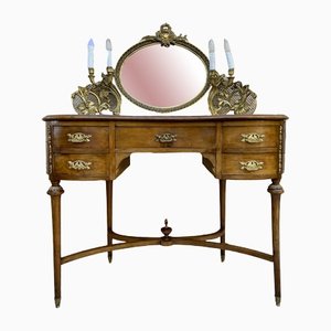 French Walnut and Bronze Dressing Table or Vanity with Candelabra Arms