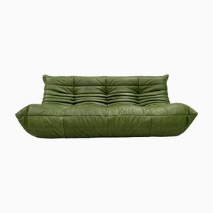 Vintage Green 3-Seater Leather Togo Sofa by Michel Ducaroy for Ligne Roset, 1970s