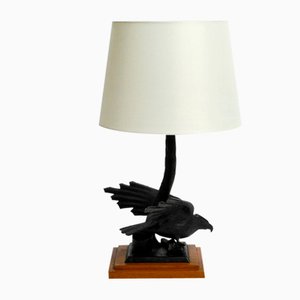 Lámpara de mesa muy grande en forma de águila con base de madera de teca, años 40