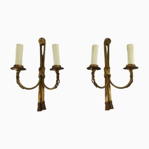 Vintage French Brass Wall Light with Candles, Set of 2