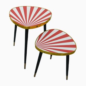 Small Mid-Century German Triangle Shaped Side Tables with White & Red Sunburst Pattern, 1950s, Set of 2