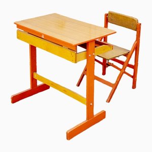 Children's Desk with Folding Seat in the Style of Fratelli Reguitti, 1950s, Set of 2
