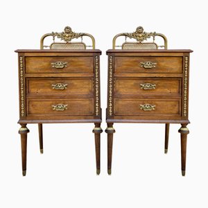 French Walnut and Bronze Bedside Tables or Nightstands, Set of 2