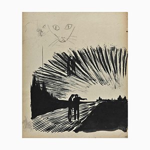 Norbert Meyre, The Sunrise on the Bridge, Original Drawing, Mid-20th Century