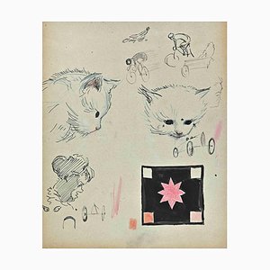 Norbert Meyre, Cats and Riders, Original Drawing, Mid-20th Century