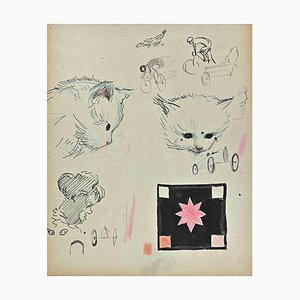 Norbert Meyre, chats et cavaliers, dessin original, milieu du 20e siècle