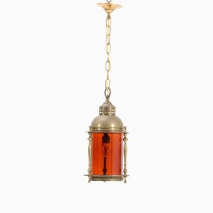 Art Nouveau Patinated Brass Lantern with Original Glass Shade, 1900s