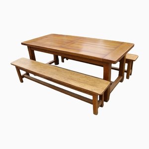 French Refectory Solid Oak Table with Benches, 1990s, Set of 3