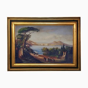 Nápoles, Escuela Posillipo, paisaje italiano, óleo sobre lienzo, enmarcado