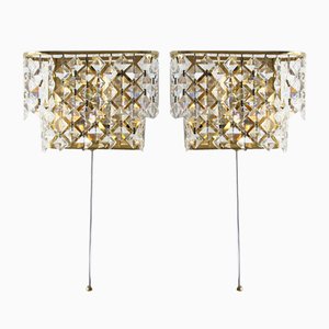 Hollywood Regency Brass and Crystal Glass Wall Lamps from Palwa, Set of 2