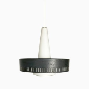 Modernist Pendant Lamp in Opaline Glass & Grey Metal, Denmark, 1950s