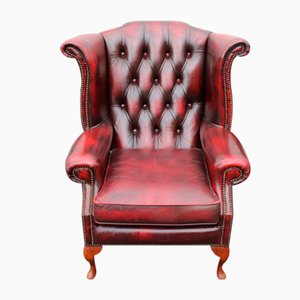 Ox Blood Red Leather Wing Back Armchair, 1960s