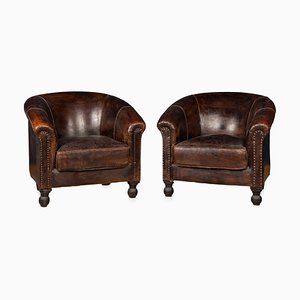 20 Century Oversized Dutch Sheepskin Leather Club Chairs, Set of 2