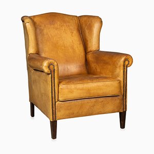 20th Century English Sheepskin Leather Wingback Armchair
