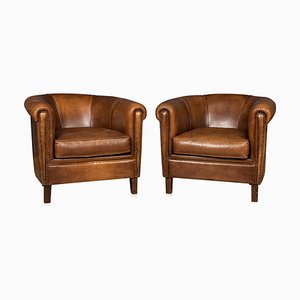 20th Century Dutch Sheepskin Leather Club Chairs, Set of 2