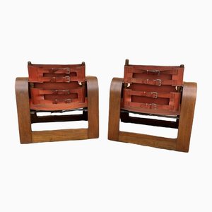 Curved Wood and Leather Chairs, Set of 2