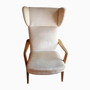 Vintage Ahorn Wood Frame Beige Velour Fabric Cover Wing Chair, 1970s