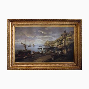 Naples, École Posillipo, Peinture de Paysage, Italie, Huile sur Toile, Encadrée