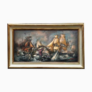 Battaglia navale, pittura scolastica inglese, olio su tela, con cornice