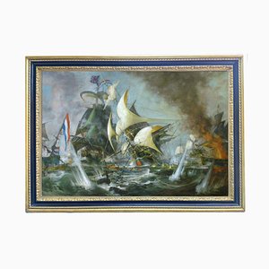 Sea Battle, English School, Italy, Oil on Canvas, Framed