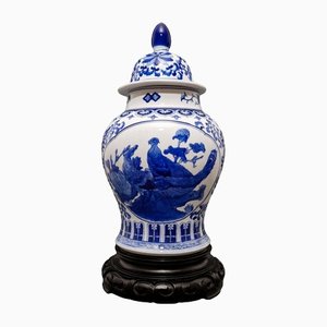 Antique Chinese Blue & White Lidded Pot With Peacocks