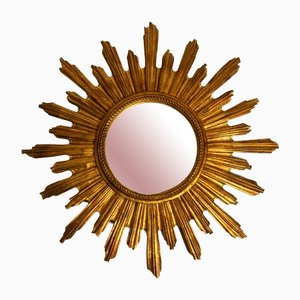 Mid-Century Gold Plated Wood Sunburst Wall Mirror
