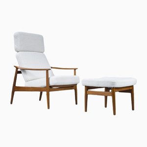 Set of Mid-Century Danish Lounge Chair And Ottoman in Teak and Wool Boucle by Arne Vodder for France & Søn, 1960s