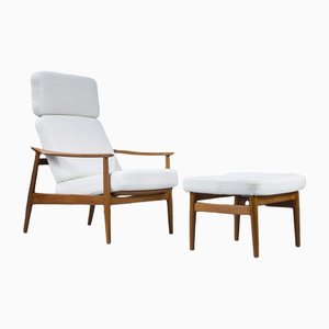 Sillón danés Mid-Century y otomana de teca y lana de Arne Vodder para France & Søn, años 60. Juego de 2