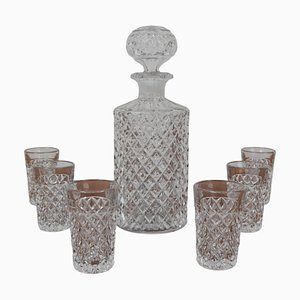 Vasos y jarra Mid-Century de cristal de Bohemia, años 50. Juego de 7