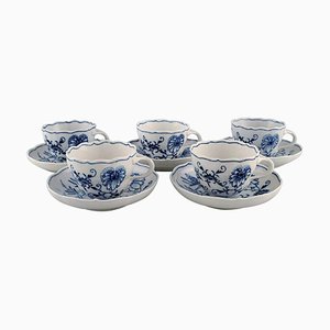 Tasses à Café Meissen en Porcelaine Bleue avec Soucoupes, Set de 5