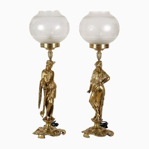 20th Century Gilded Bronze & Glass Table Lamps, Italy, Set of 2