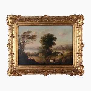 Landscape with Figures, 19th-Century, Oil on Panel, Framed
