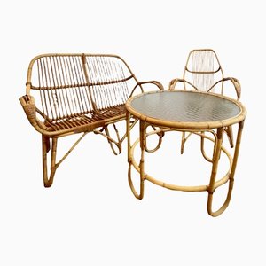 Bamboo Bench with Coffee Table & Armchair, 1970s, Set of 3