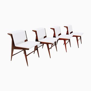 Mid-Century Italian Modern Dining Chairs in Wood & White Fabric, 1960s, Set of 4