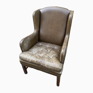 Antique Brown Leather Club Wingback Armchair, 1920s
