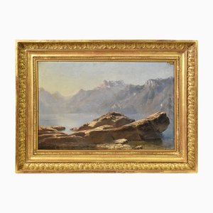 Dipinto di paesaggio di montagna, XIX secolo, Olio su carta, Incorniciato