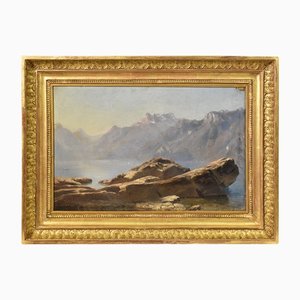Pintura de paisaje de montaña, siglo XIX, óleo sobre papel, enmarcado