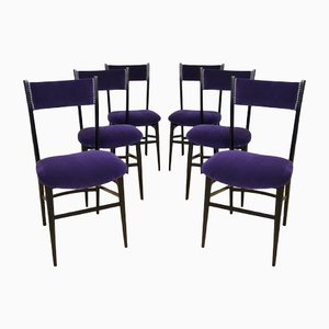 Wooden and Purple Velvet Dining Chairs, Italy, 1950s, Set of 6